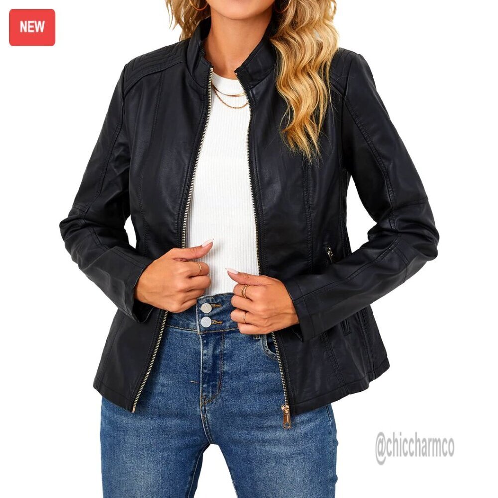 Faux Leather Motorcycle Jacket Quilted Bomber Zipper Pockets Chic Y2K
